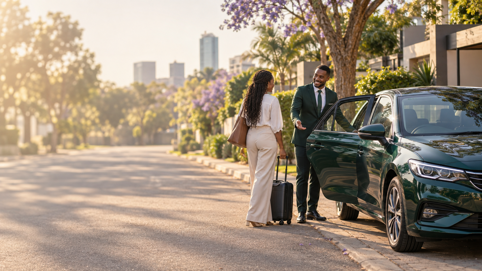 A driver welcoming a passenger beside a green car on a leafy city street.